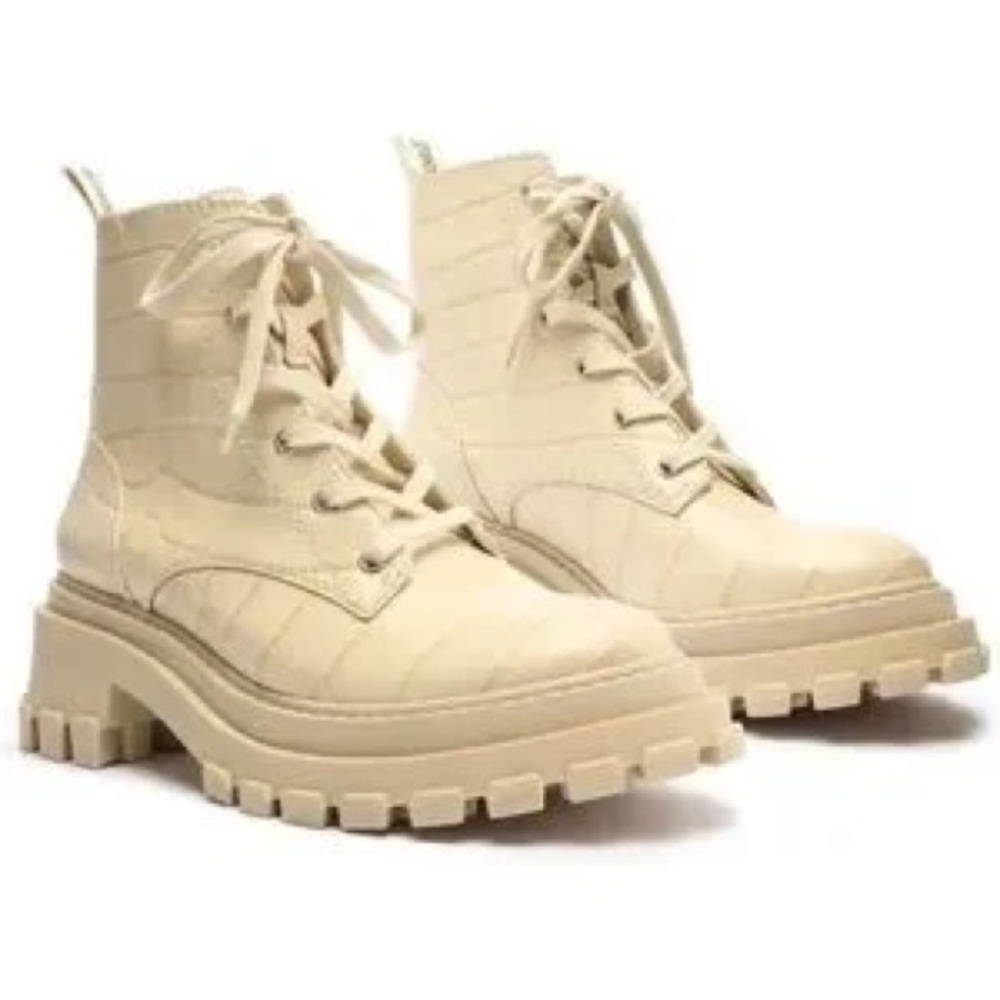 SCHUTZ Orly Croc-Embossed Egg Shell Leather Moto Lug Combat Boots Size 7.5